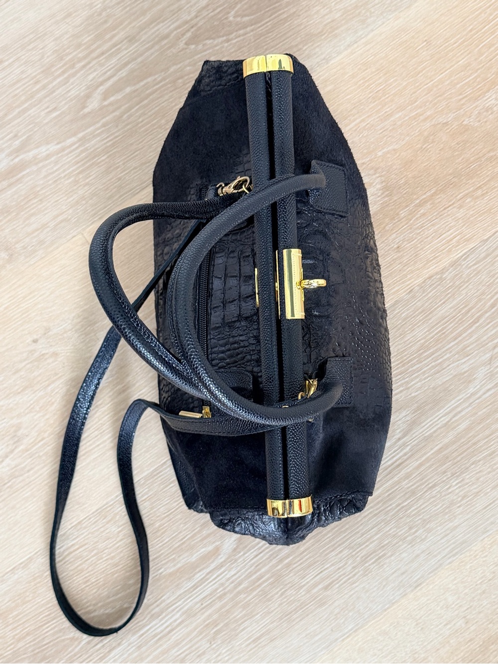 Italy Made Genuine Leather Croc Embossed Satchel Bag Suede Lock Crossbody Large - Picture 7 of 12